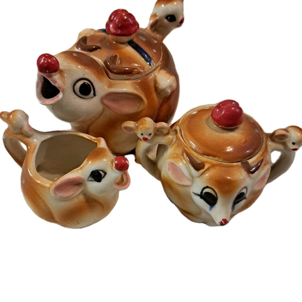 Vintage Rudolph The Red Nosed Tea Set Reindeer Christmas |Teapot |Sugar| Creamer
